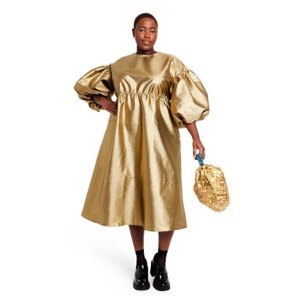 Kika Vargas x Target Puff Sleeve Scallop Back Midi Dress in Gold - Size XXS